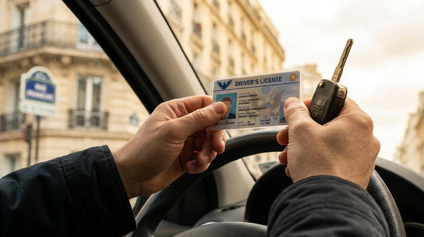 Mains tenant un permis de conduire américain et une clé de voiture dans une voiture avec une rue parisienne en arrière-plan.