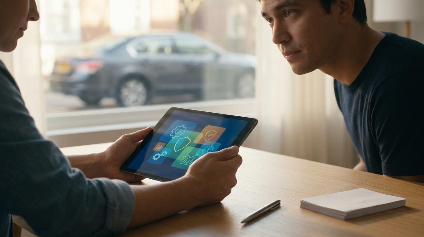 Une personne montre une tablette avec des icônes d'assurance à un homme assis devant une fenêtre avec une voiture.