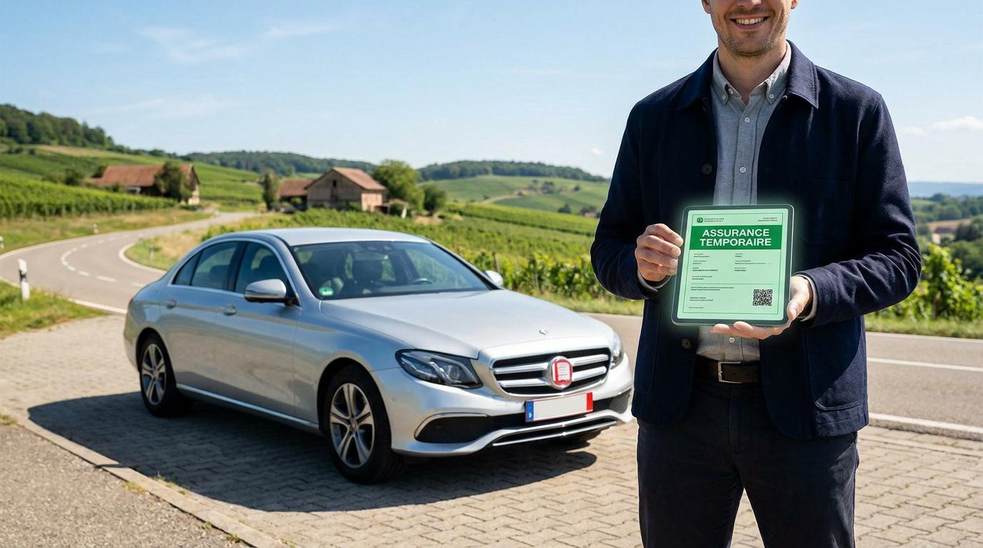 Un homme souriant présente une tablette numérique avec un document d'assurance temporaire devant une voiture grise.