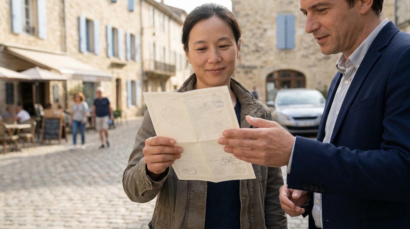 Un homme en costume conseille une femme examinant un document officiel dans une rue pavée en France.
