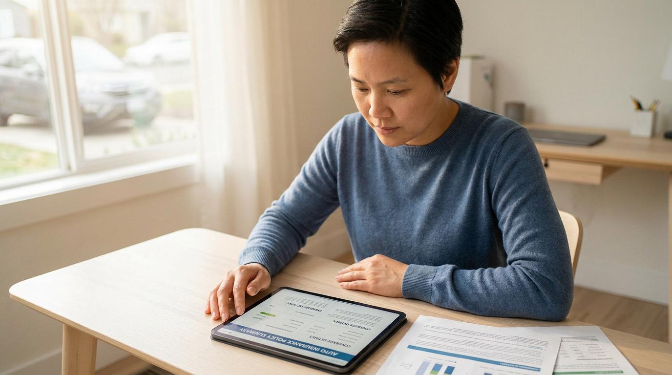 Une femme consulte ses documents d'assurance auto sur une tablette numérique depuis un bureau lumineux.