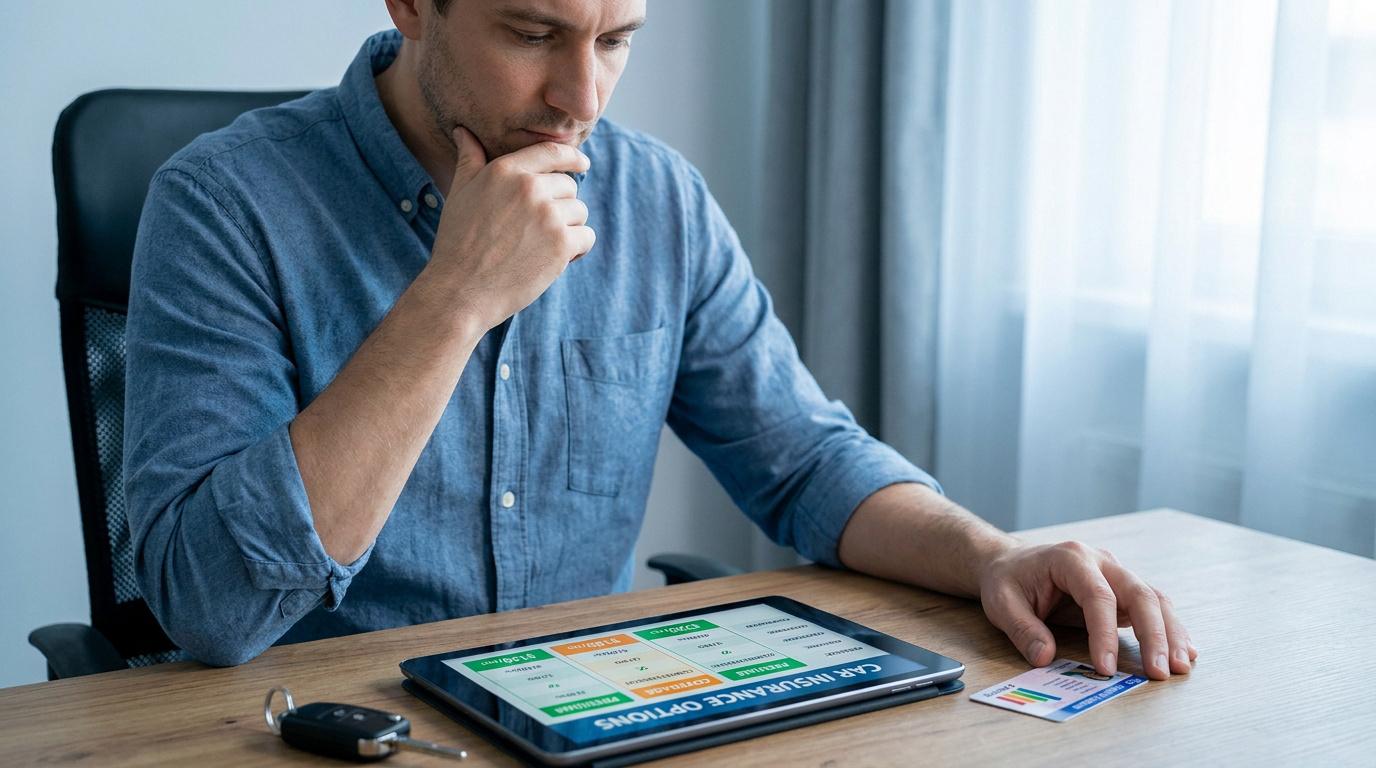 Un homme pensif assis devant une tablette affichant des options d'assurance auto avec une clé de voiture à côté.