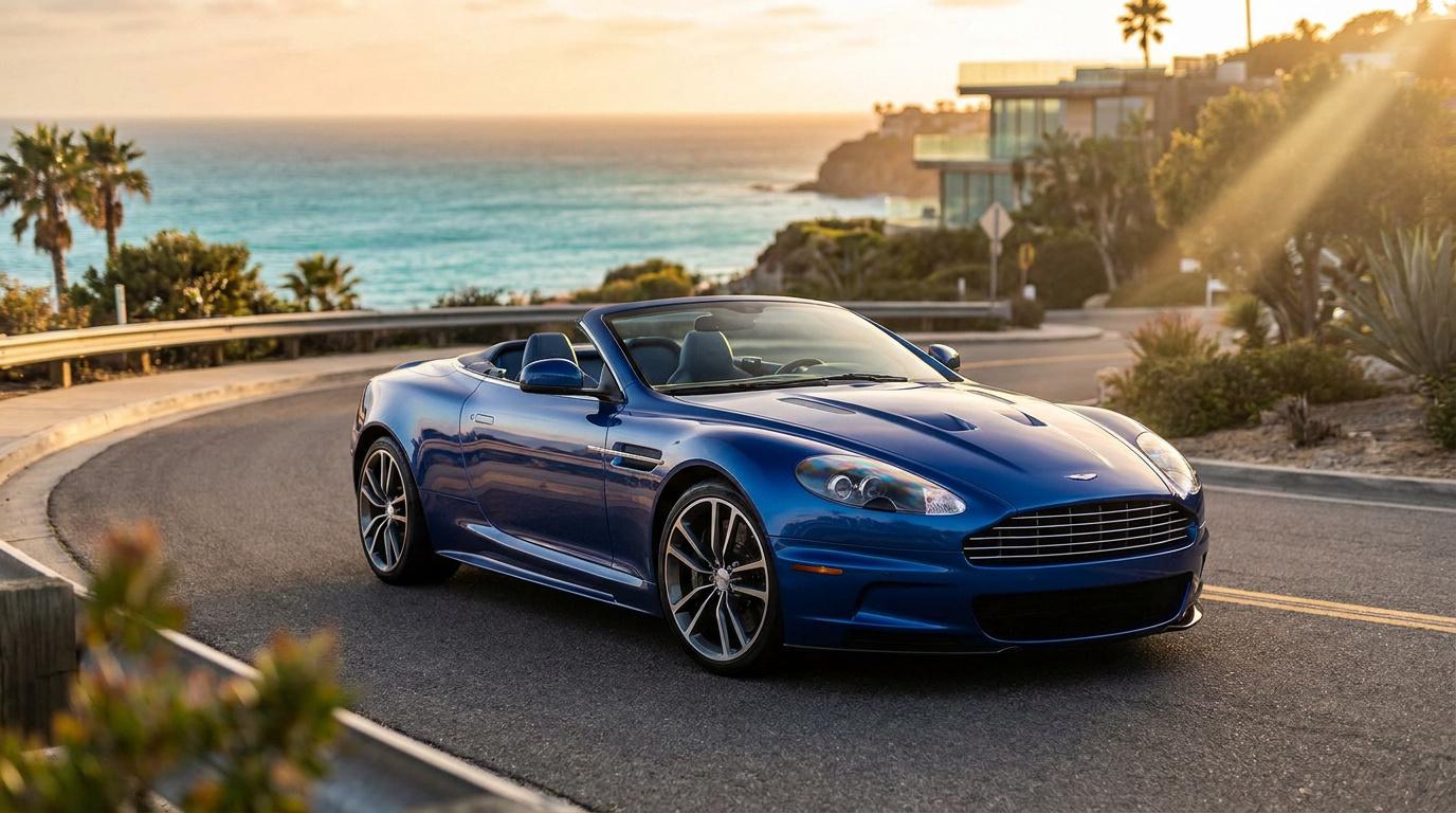Une voiture de sport décapotable bleue Aston Martin garée sur une route côtière au coucher du soleil.