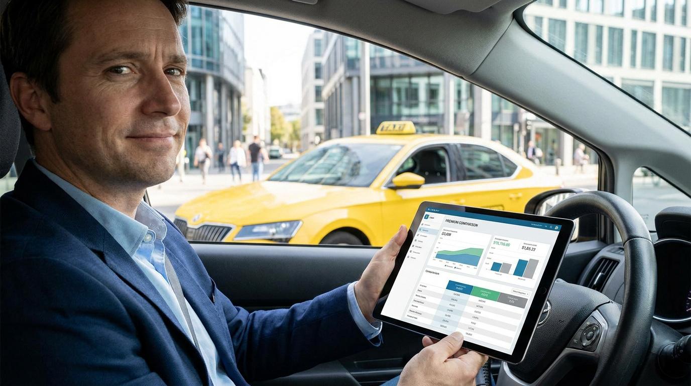 Un chauffeur de taxi souriant utilise une tablette numérique dans son véhicule pour gérer ses assurances.