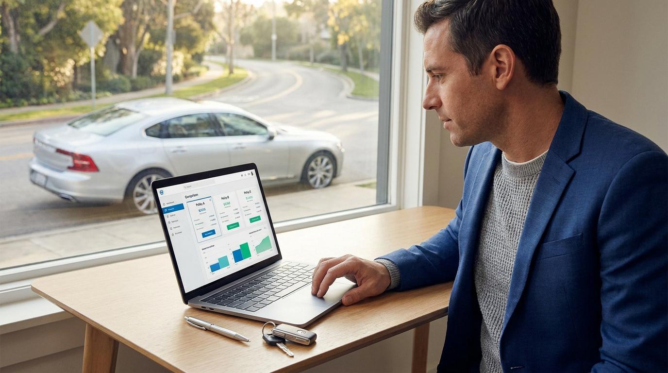 Un homme en costume utilisant un ordinateur portable pour comparer des assurances auto, avec une voiture en arrière-plan.