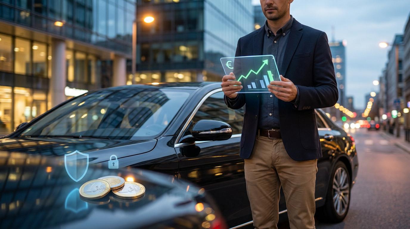 Un chauffeur VTC en tenue élégante tient un écran numérique affichant une courbe de croissance financière positive.