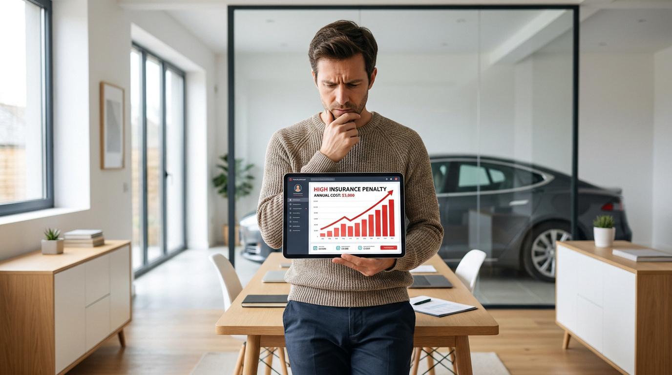 Homme préoccupé tenant une tablette affichant un graphique de hausse des coûts d'assurance auto.
