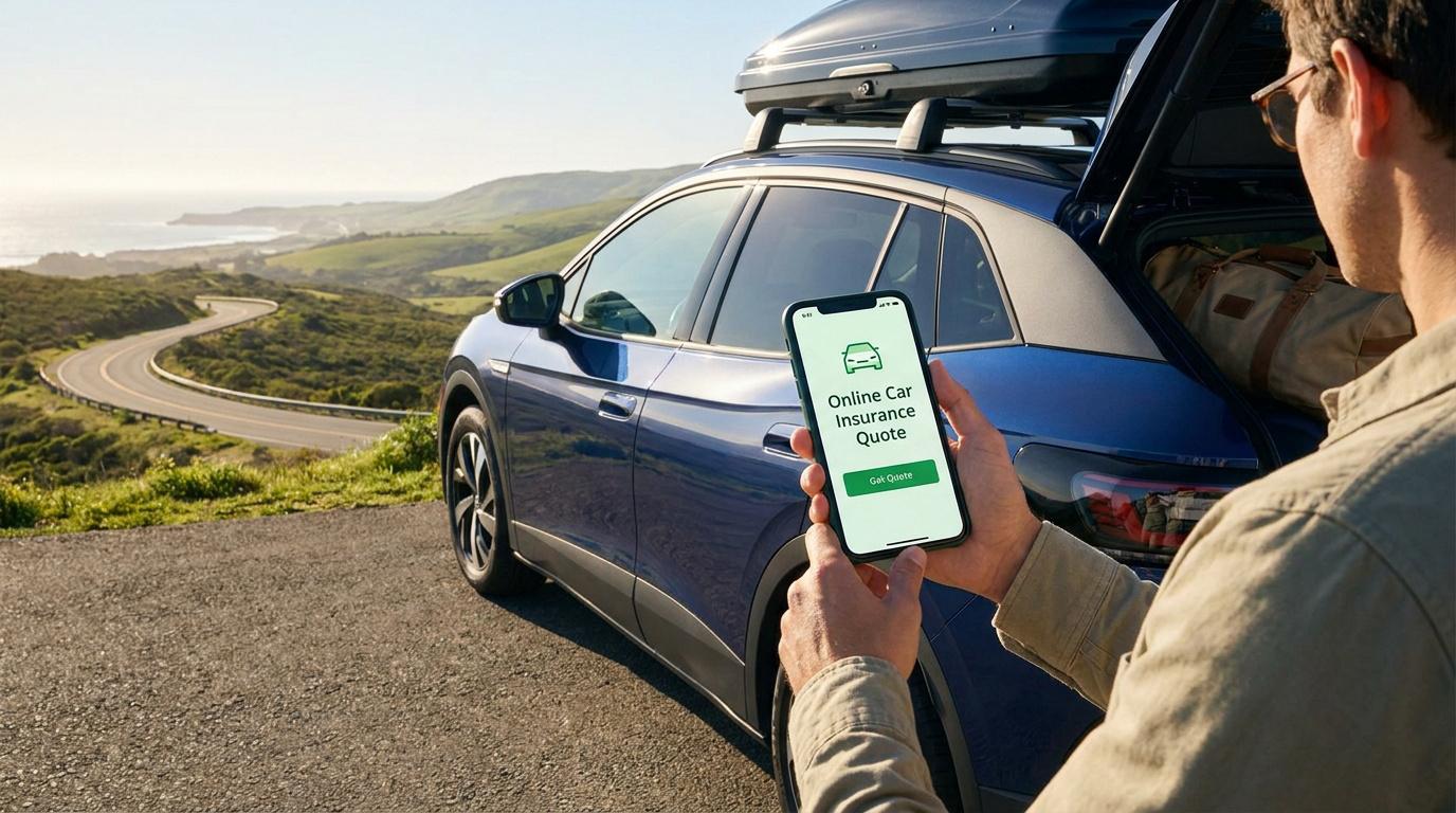 Un homme consulte une application de devis d'assurance auto sur son smartphone devant sa voiture prête pour le départ.