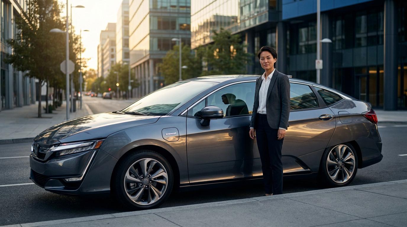 Une conductrice VTC professionnelle posant fièrement devant sa voiture hybride dans un quartier d'affaires moderne.