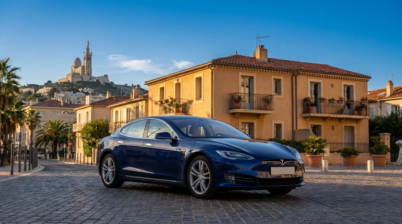 Une Tesla bleue garée dans une rue pavée avec la basilique Notre-Dame de la Garde de Marseille en arrière-plan.