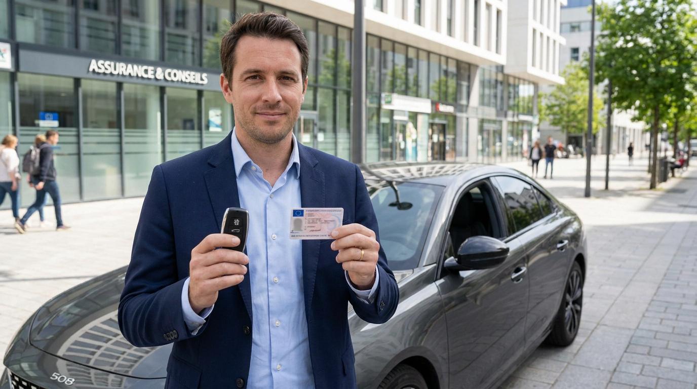 Un homme en costume tient une clé de voiture et un permis de conduire devant une agence d'assurance et une voiture.