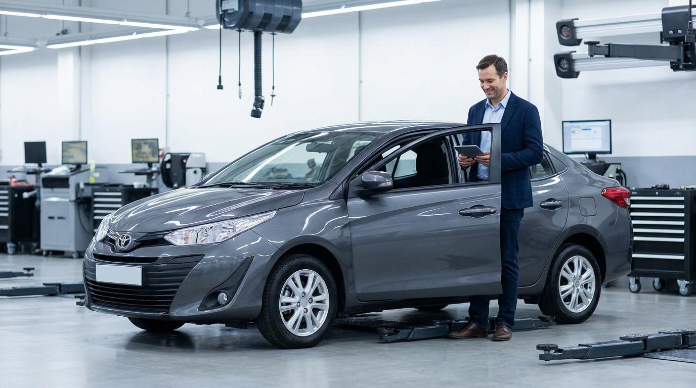 Un homme en costume vérifie une voiture grise dans un atelier automobile moderne.