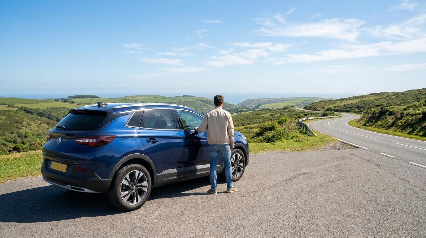 Un homme debout à côté de sa voiture bleue garée au bord d'une route sinueuse offrant une vue panoramique.