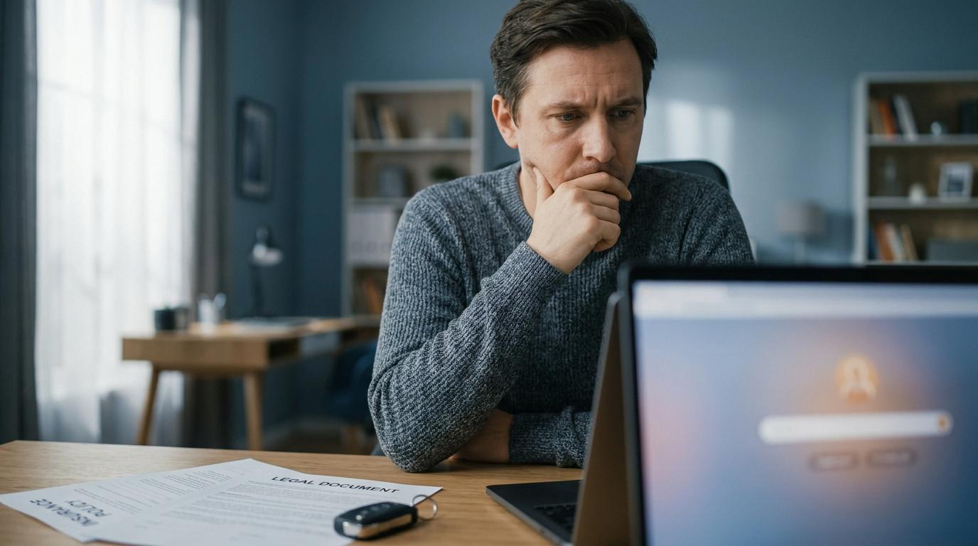 Un homme préoccupé devant un ordinateur avec un document juridique et des clés de voiture sur son bureau.