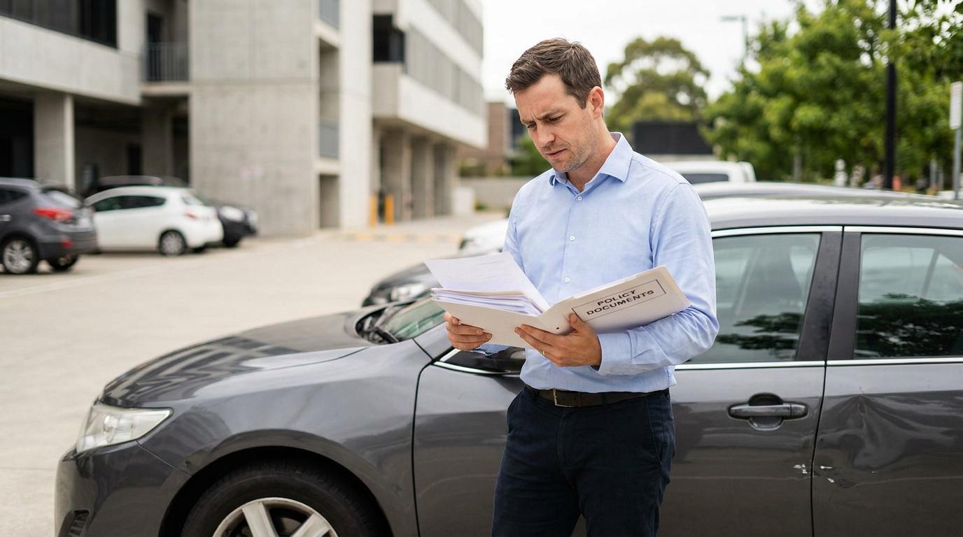 Un homme en chemise bleue lit des documents d'assurance à côté d'une voiture endommagée dans un parking.