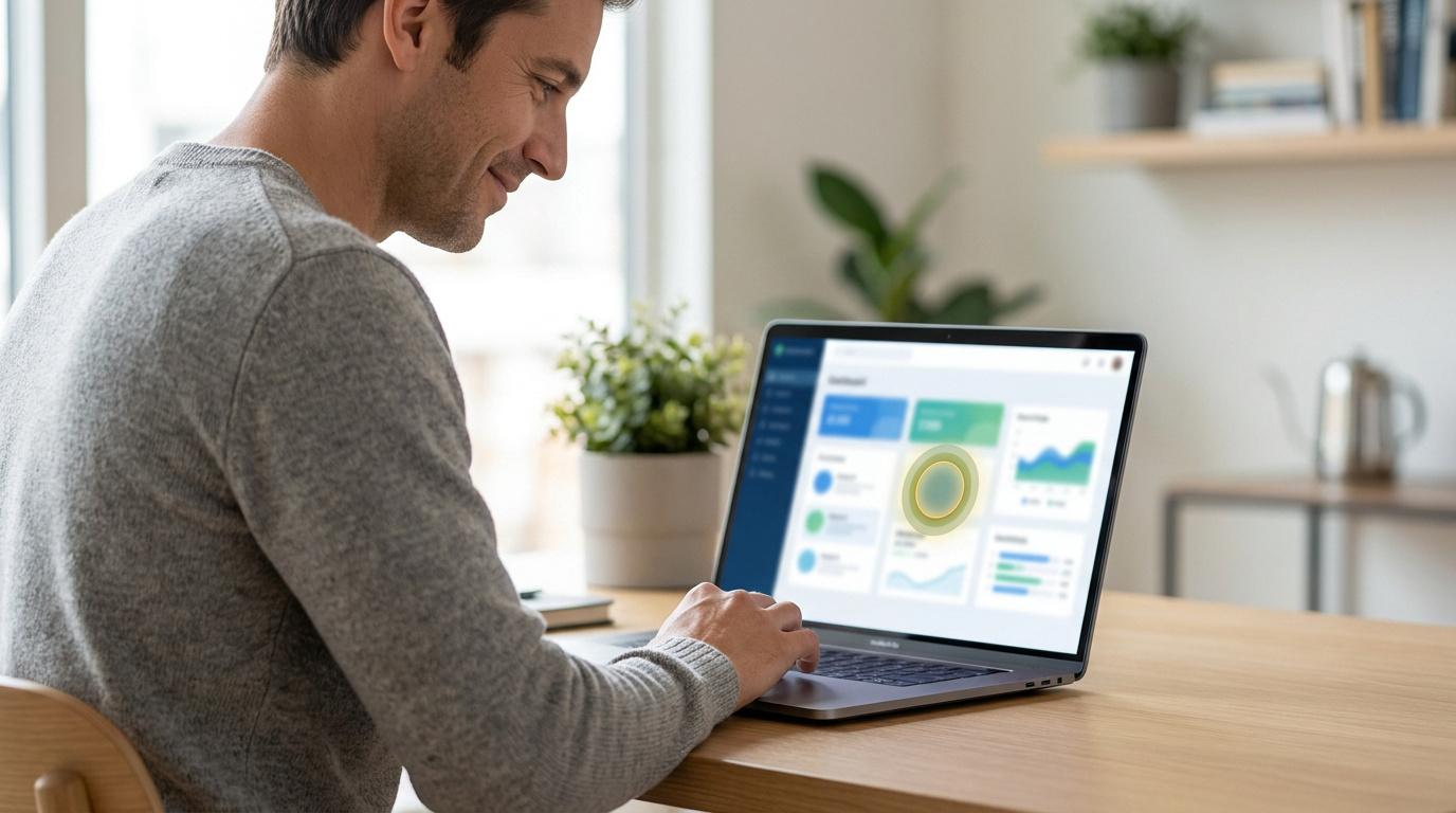 Un homme souriant utilise un ordinateur portable pour comparer des assurances auto en ligne dans un bureau lumineux.
