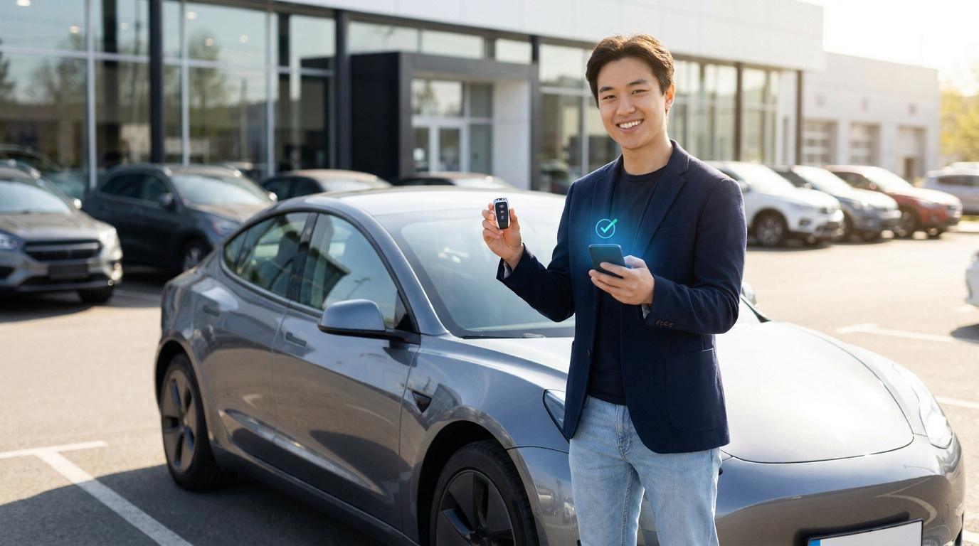 Un jeune homme souriant tenant une clé de voiture et son smartphone devant un véhicule neuf dans une concession.
