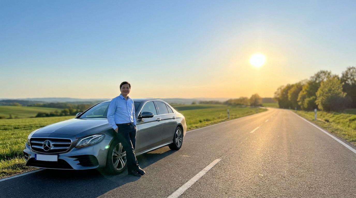 Un homme souriant debout devant une Mercedes grise garée sur le bas-côté d'une route de campagne au coucher du soleil.