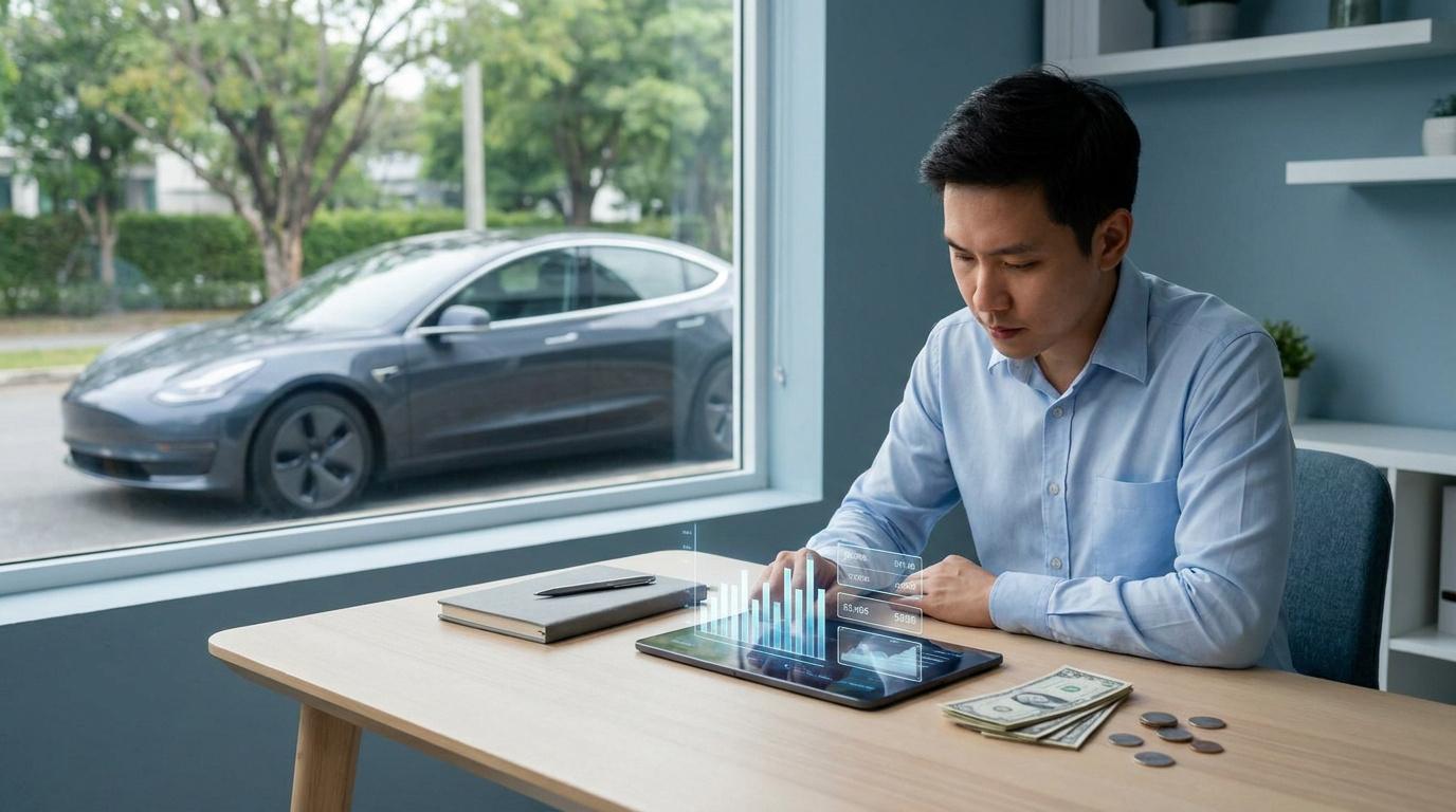 Homme travaillant sur une tablette avec des graphiques financiers, voiture garée en arrière-plan.