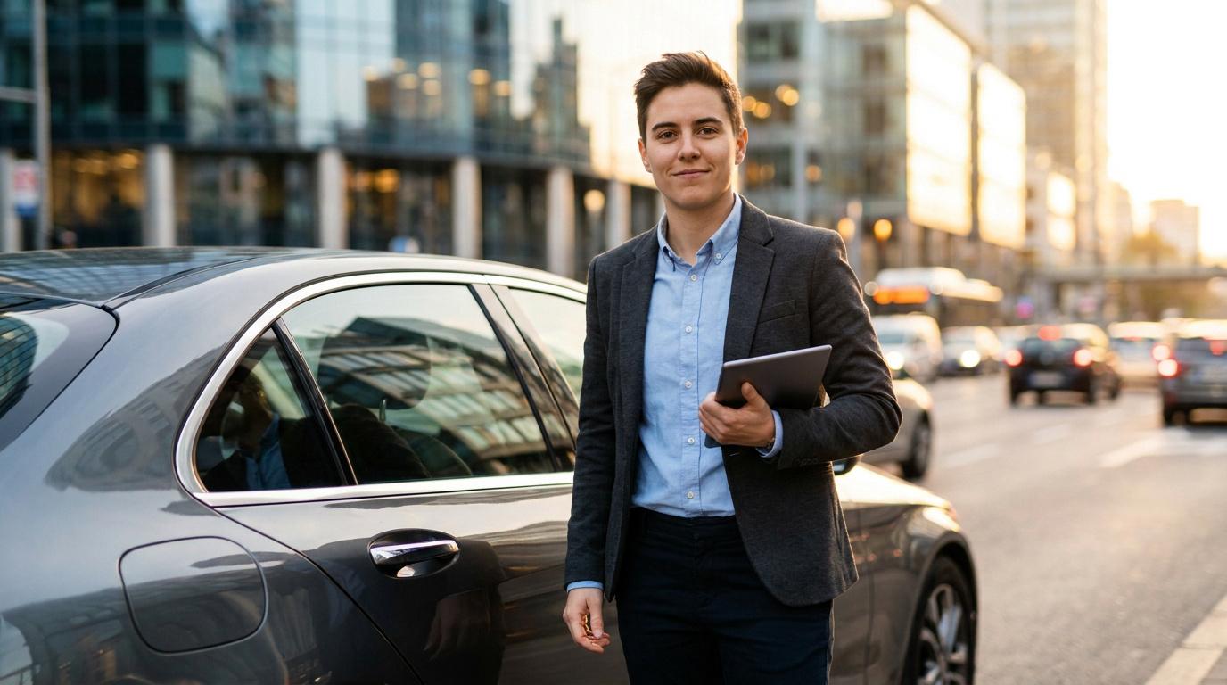 Jeune chauffeur VTC professionnel en costume tenant une tablette numérique devant une voiture grise en ville.