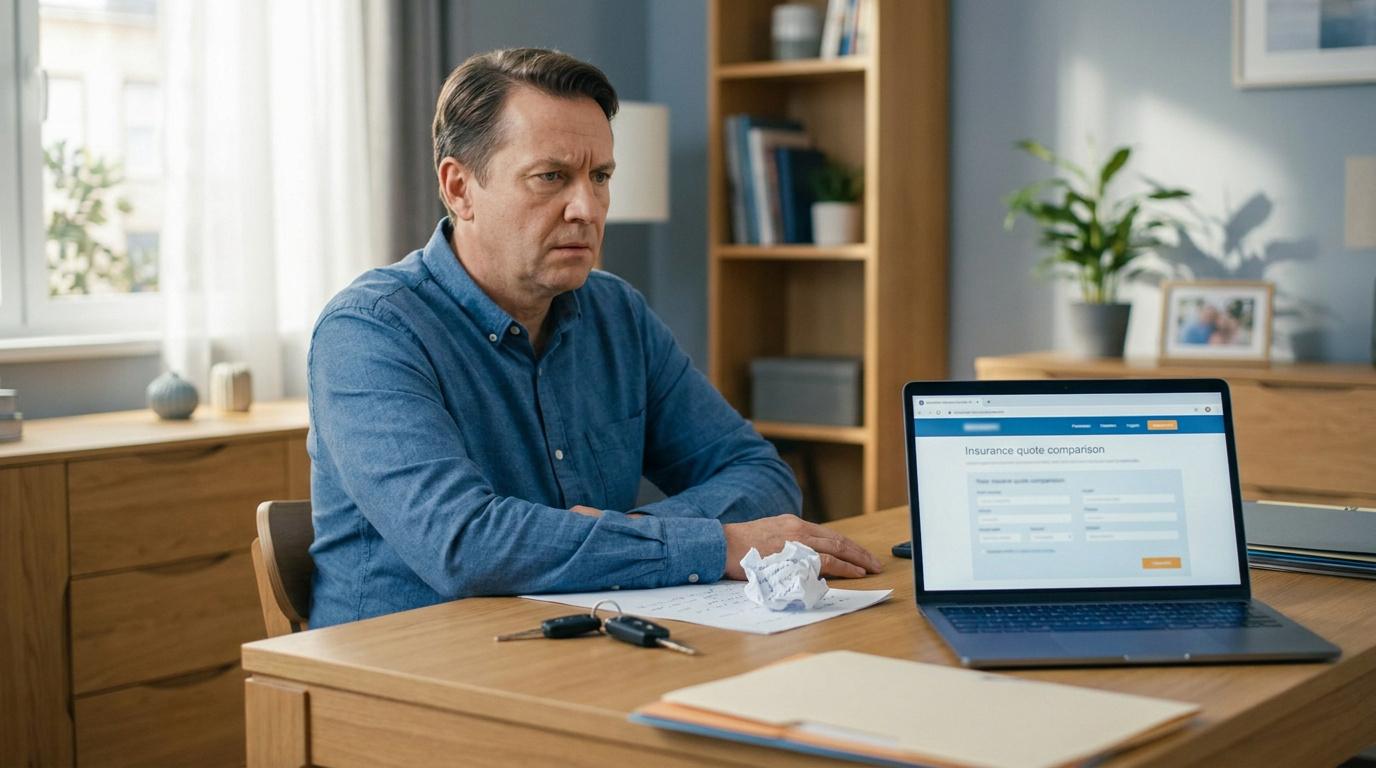 Un homme inquiet devant son ordinateur cherchant une nouvelle assurance auto après une résiliation.