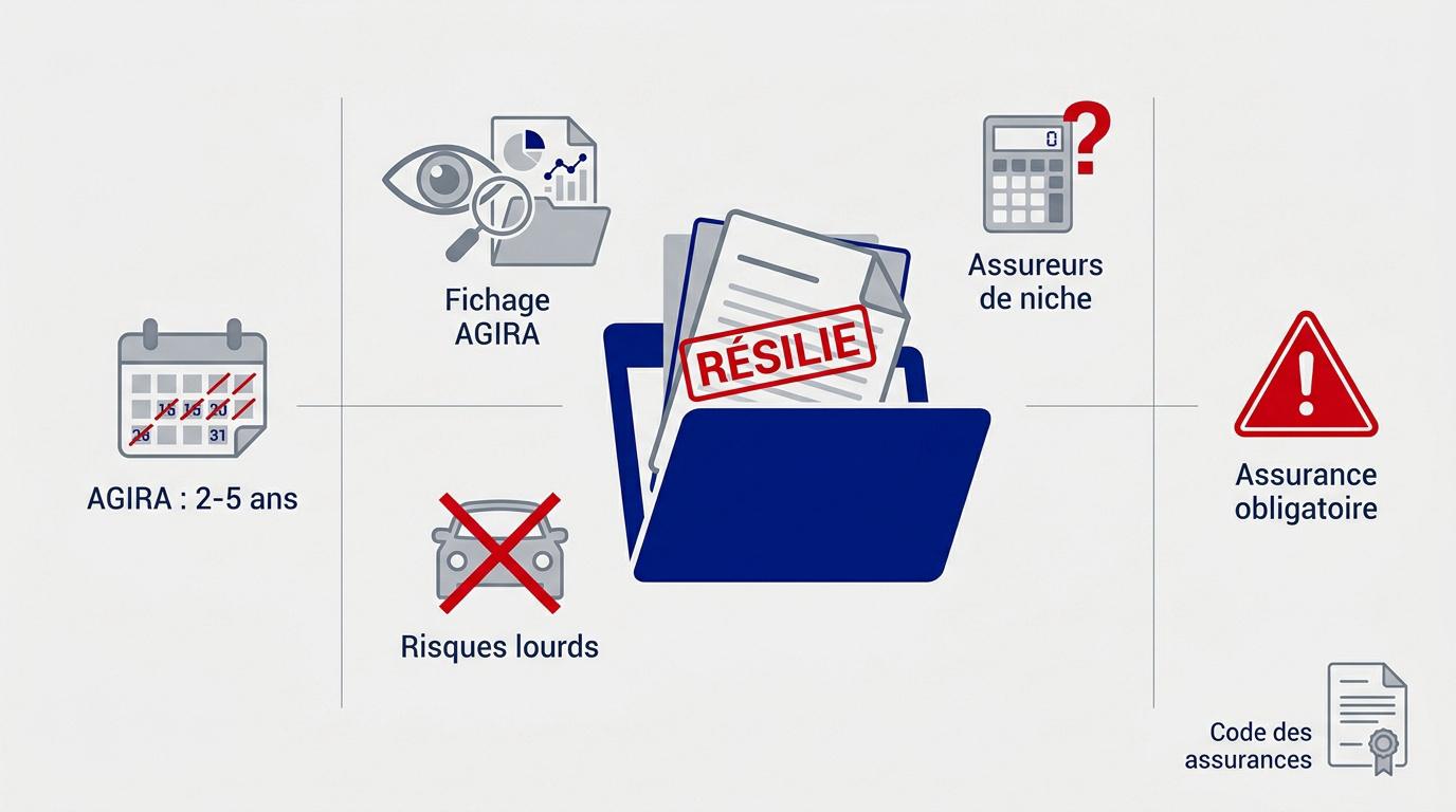 Infographie sur les points clés de la résiliation d'assurance auto et le fichier AGIRA