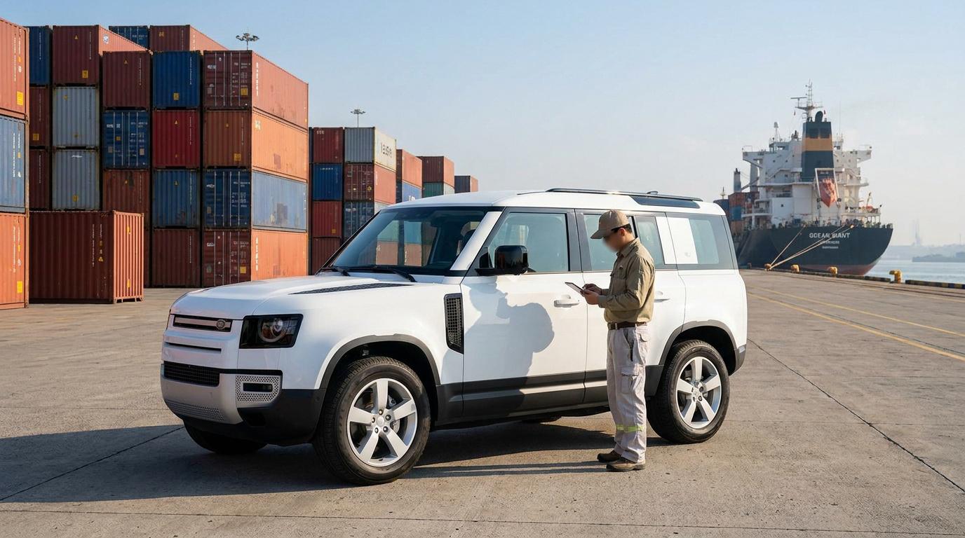 Un homme vérifie un véhicule blanc devant des conteneurs de fret et un navire cargo dans un port.