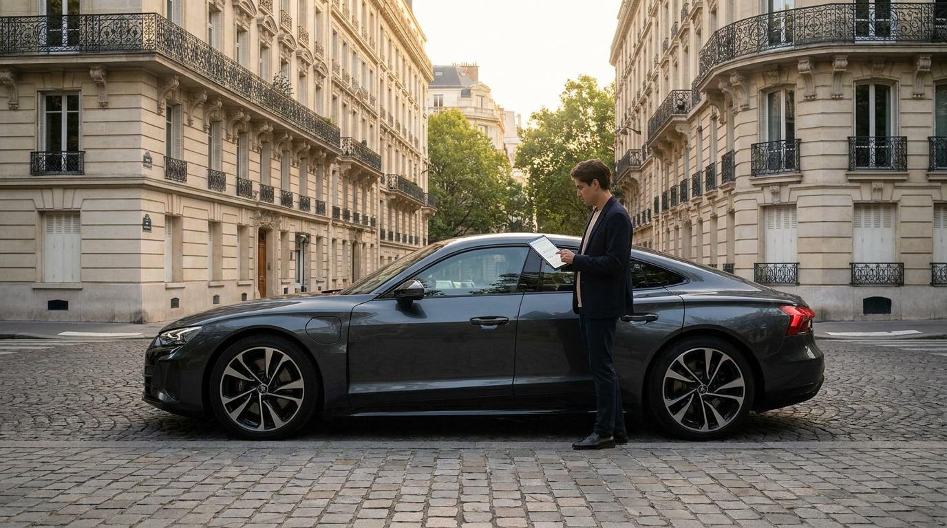 Un chauffeur VTC consulte sa tablette devant sa voiture de luxe dans une rue haussmannienne à Paris.