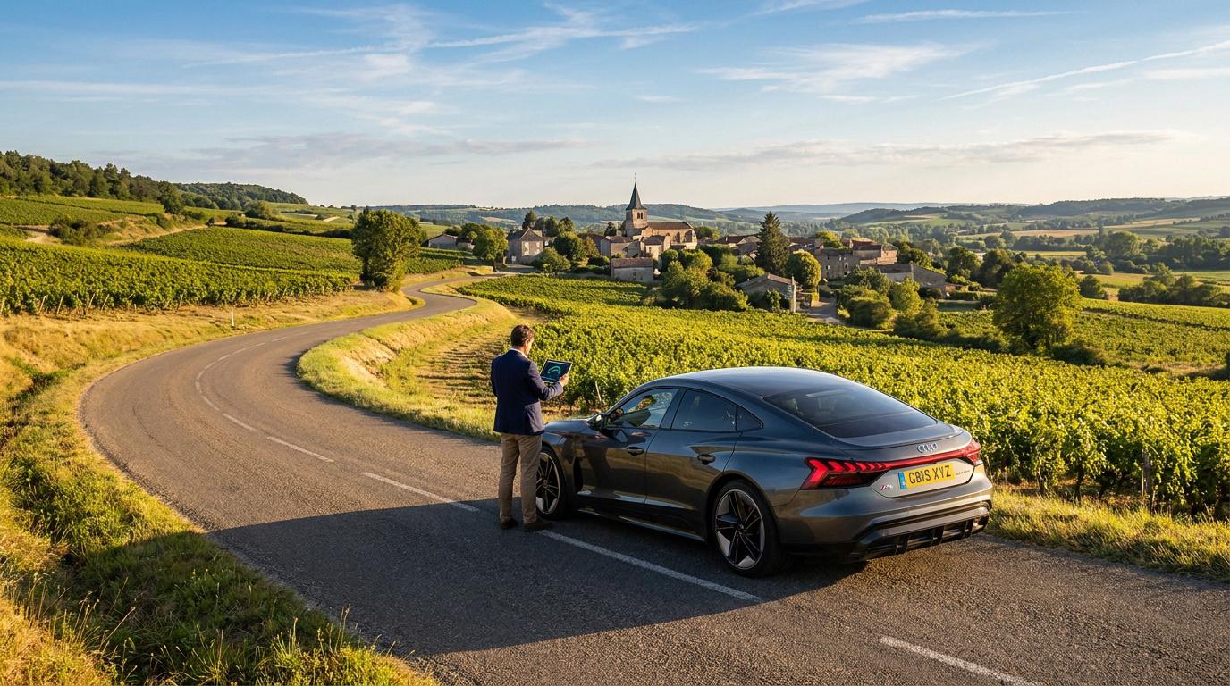 Homme consultant une tablette près d'une voiture immatriculée au Royaume-Uni dans un paysage viticole français.