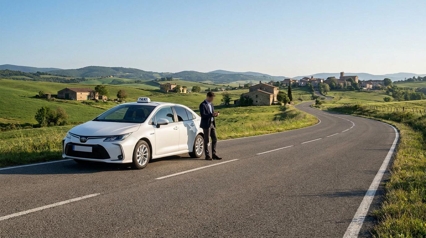 Un chauffeur de taxi en costume debout à côté de sa voiture blanche sur une route de campagne vallonnée.