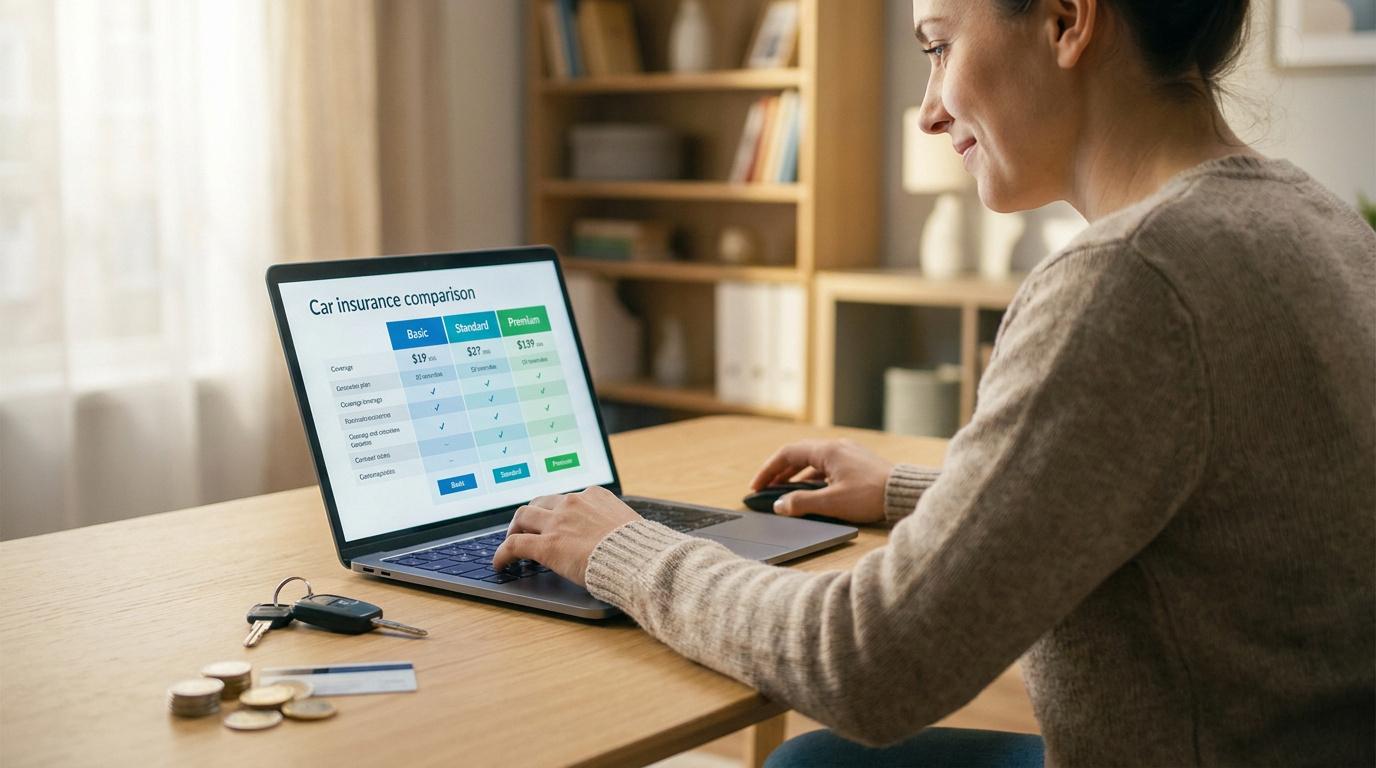 Une femme assise à son bureau compare des offres d'assurance auto sur son ordinateur portable.