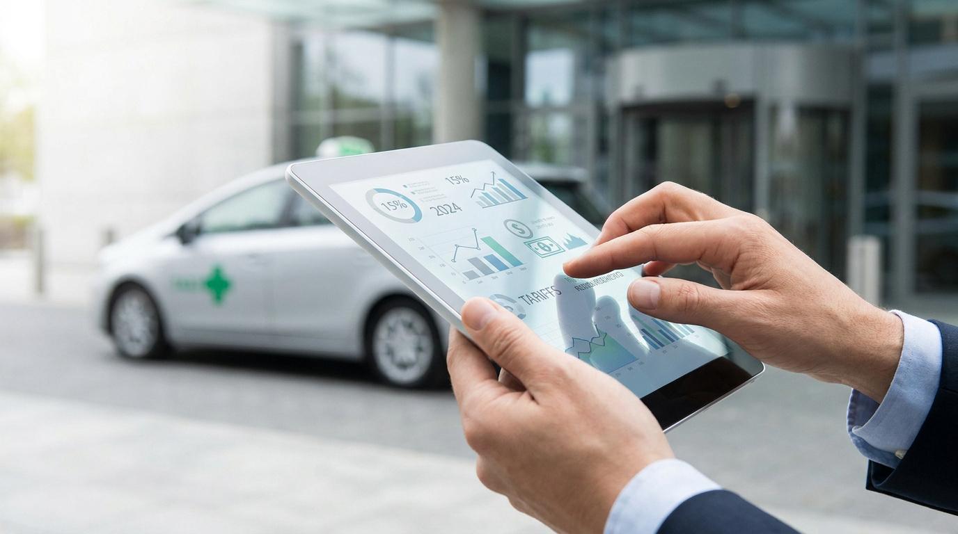 Personne consultant des graphiques financiers sur une tablette devant un taxi conventionné.