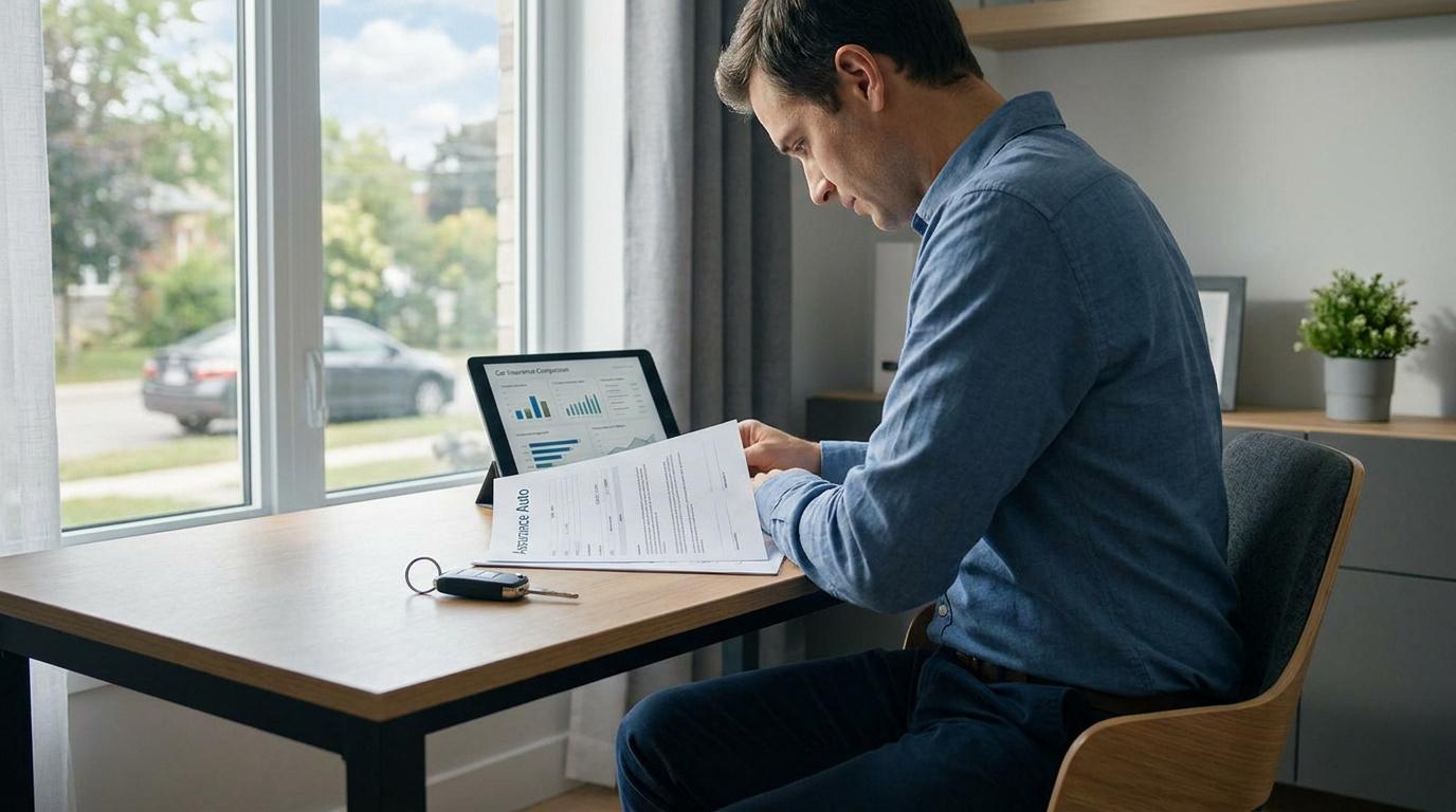 Un homme examine des documents d'assurance auto à son bureau.