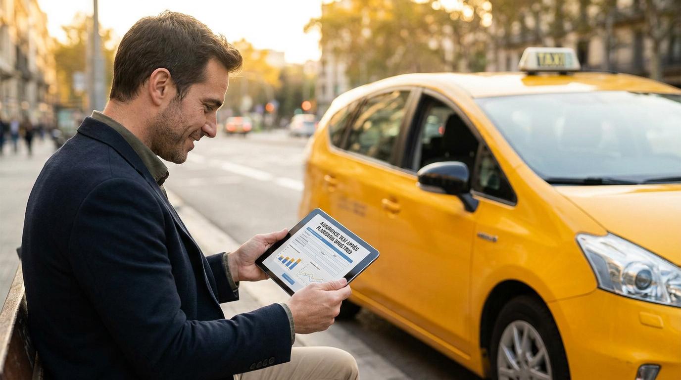 Un chauffeur de taxi consultant des données d'assurance sur une tablette numérique près de son véhicule jaune.