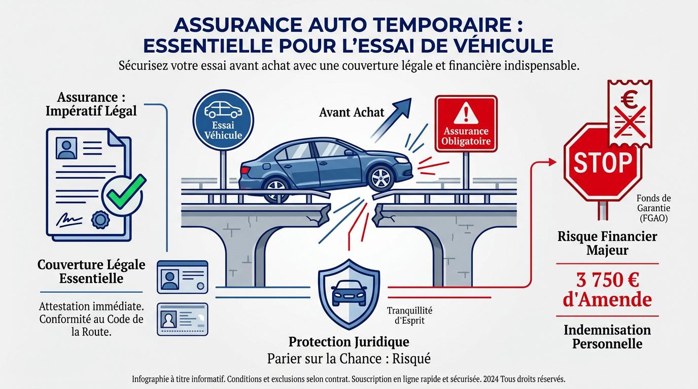 Conducteur essayant sereinement une voiture d'occasion grâce à une assurance temporaire