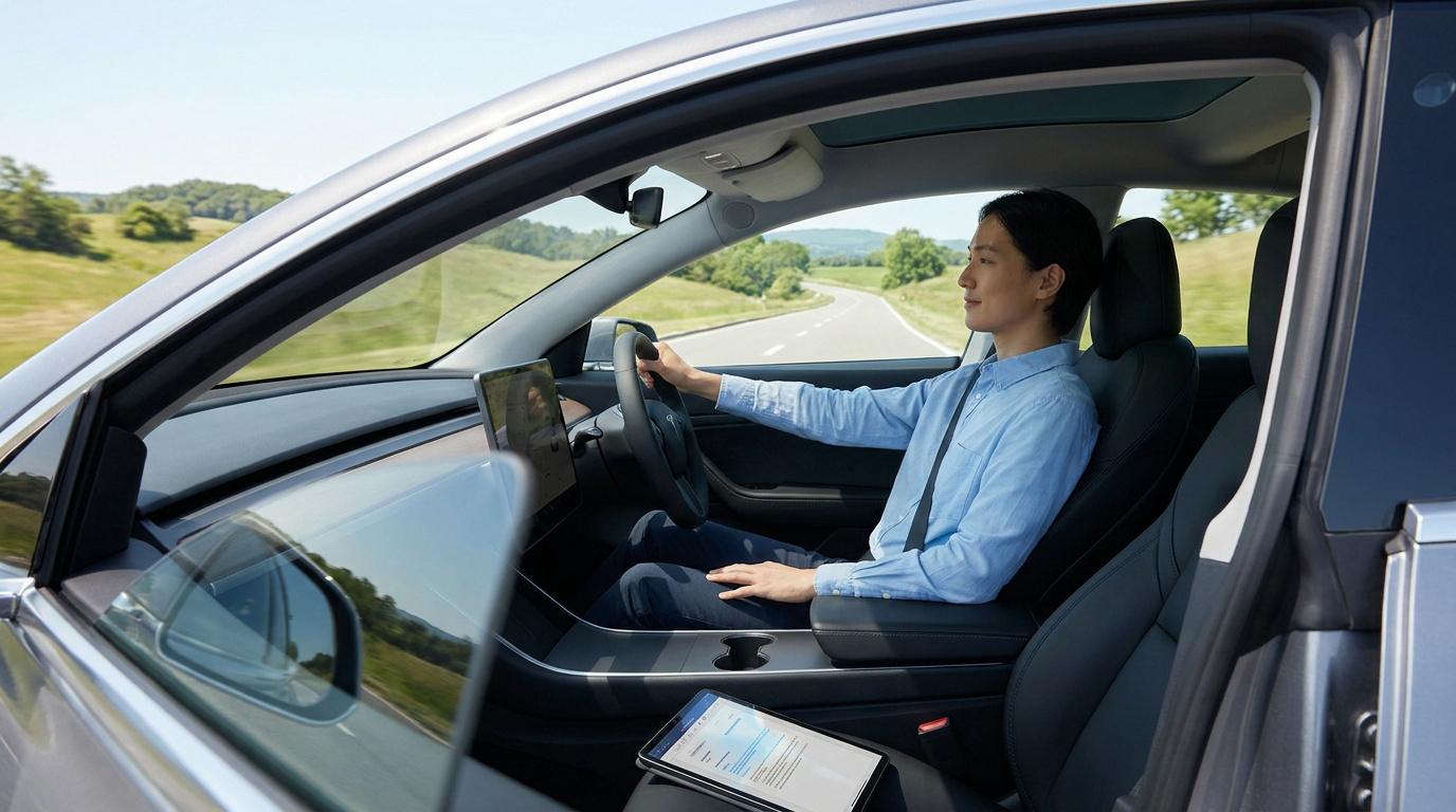 Un homme teste une voiture électrique moderne sur une route de campagne avec une tablette sur le siège passager.