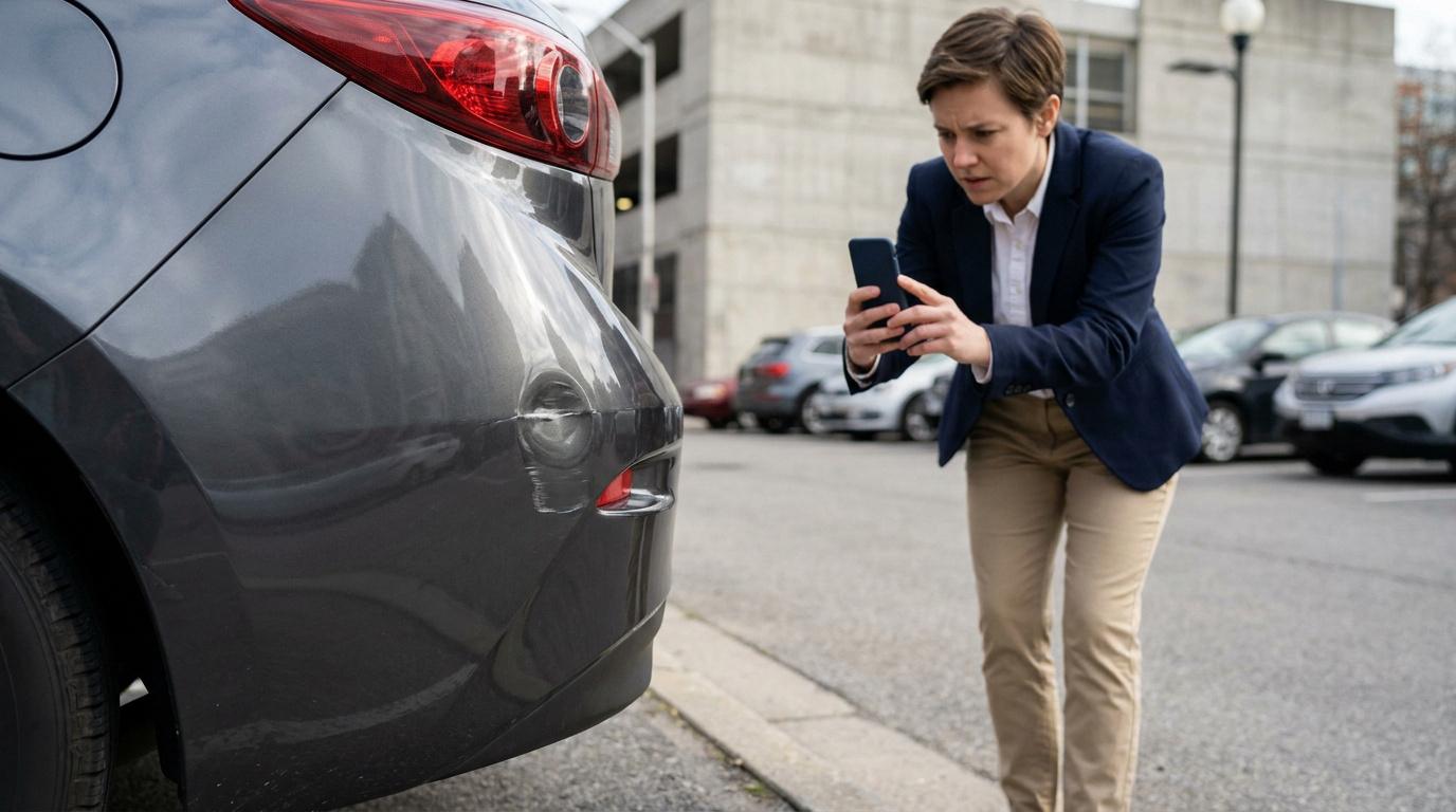 Une femme inspecte les dommages sur le pare-chocs de sa voiture avec son smartphone après un délit de fuite.