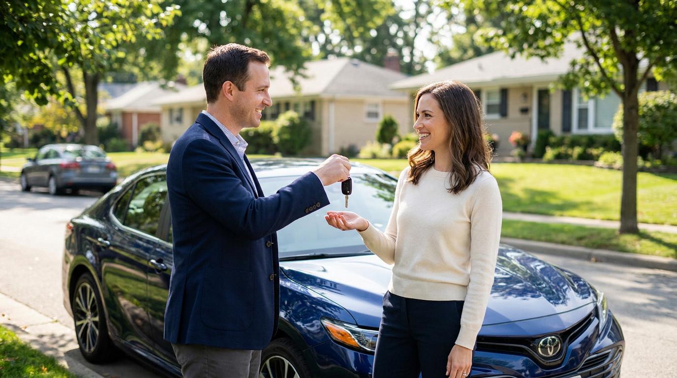Un homme remet les clés d'une voiture bleue à une femme dans une rue résidentielle.