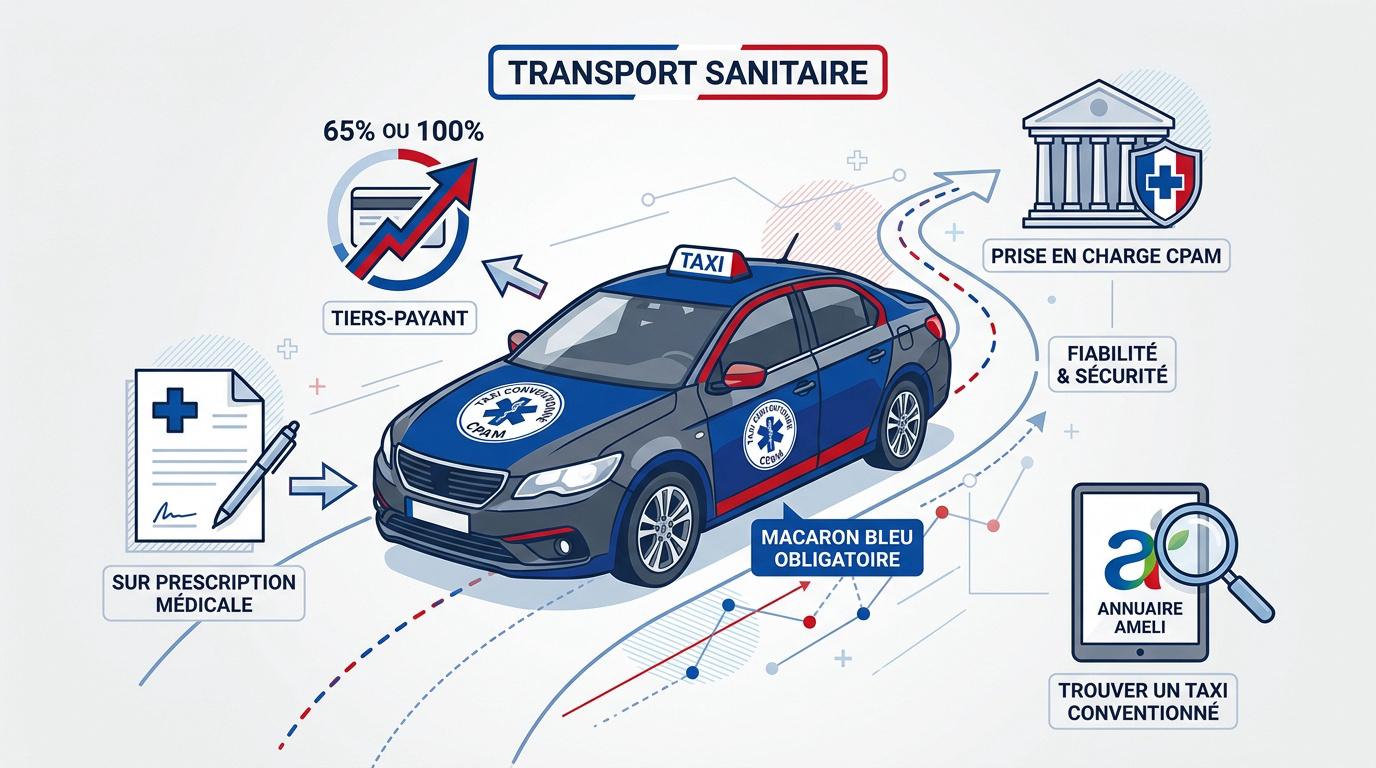 Taxi conventionné CPAM avec macaron bleu pour transport médicalisé