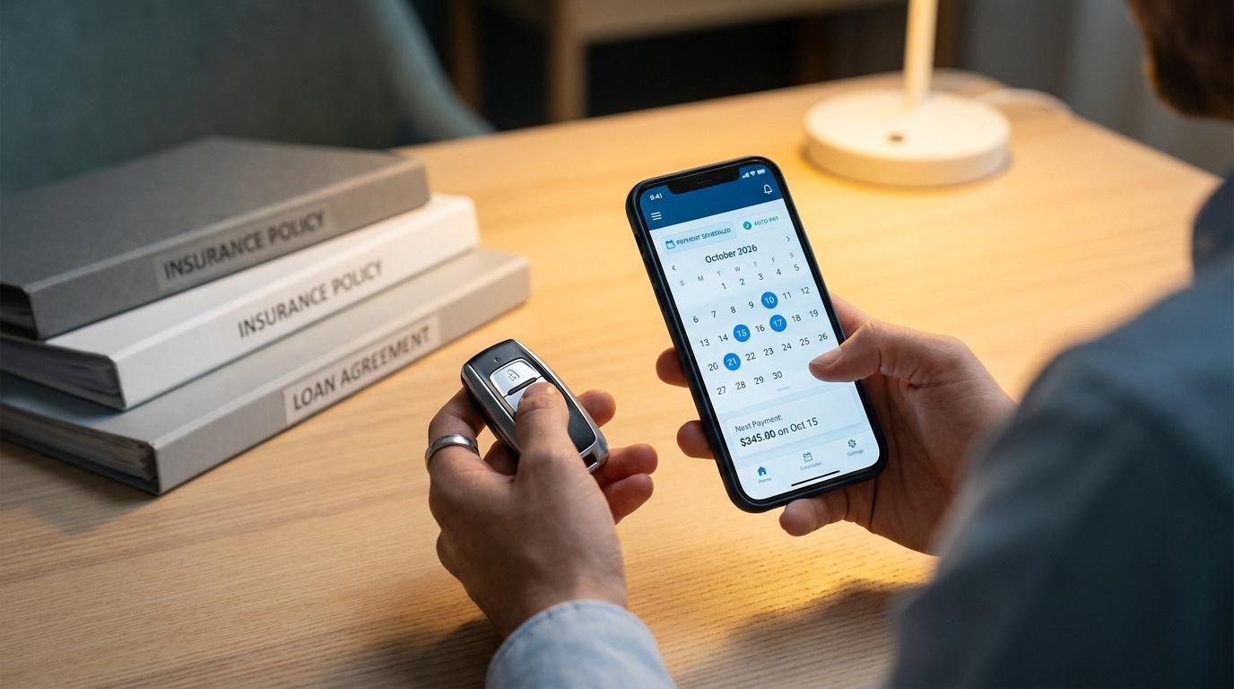 Une personne tenant une clé de voiture et un smartphone affichant une application de paiement d'assurance mensuelle.