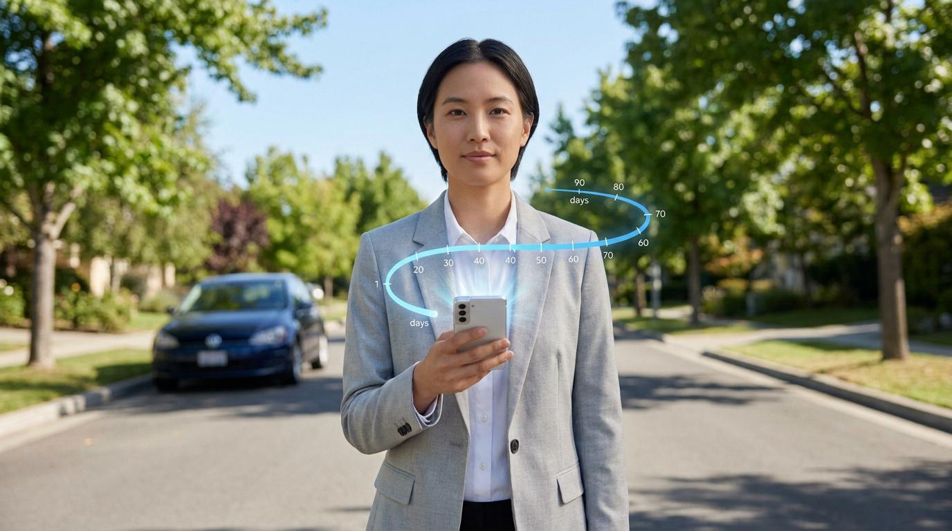 Une femme en tailleur tient un smartphone avec un graphique flottant illustrant une durée de 90 jours.