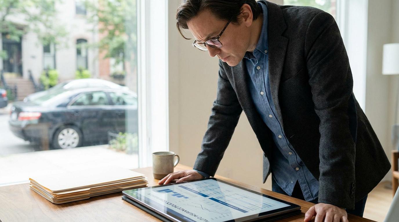 Un homme en tenue professionnelle consulte des données financières sur une tablette numérique près d'une fenêtre.