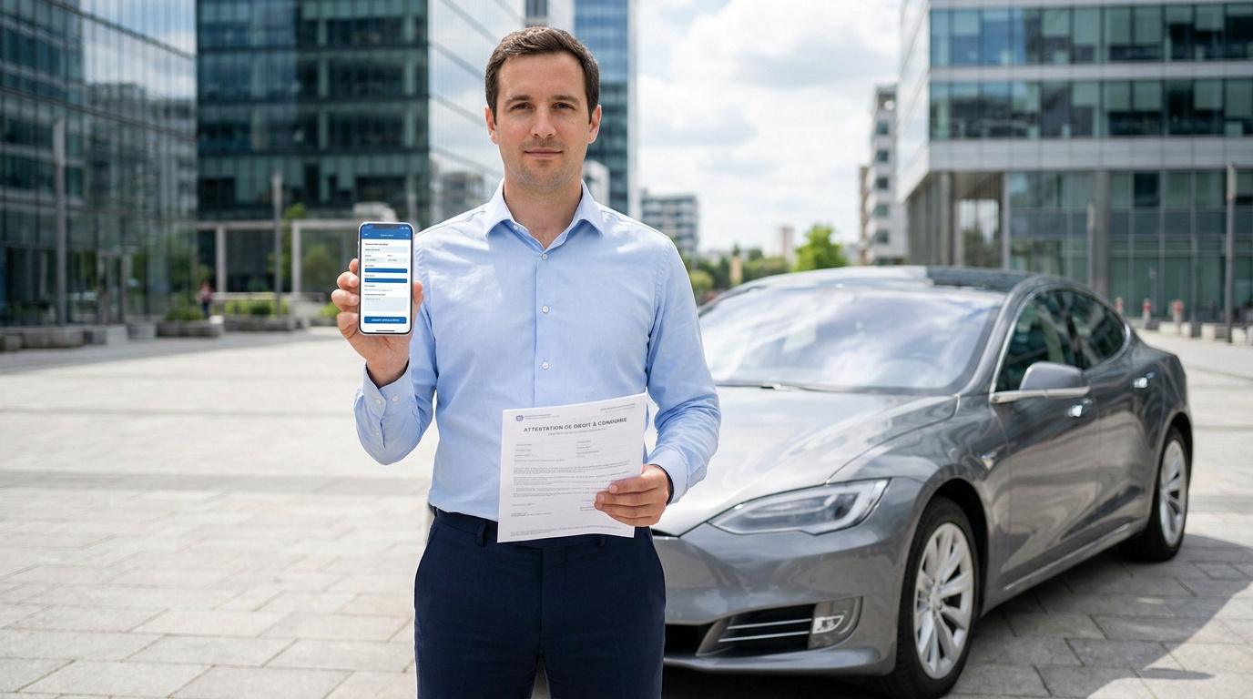 Un homme en chemise bleue montre son smartphone et une attestation de droit à conduire devant une voiture moderne.