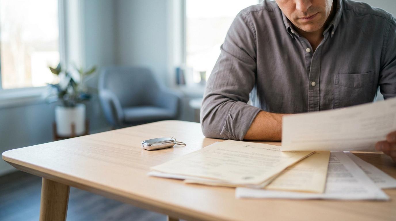 Un homme assis à une table examine des documents administratifs avec une clé de voiture à proximité.