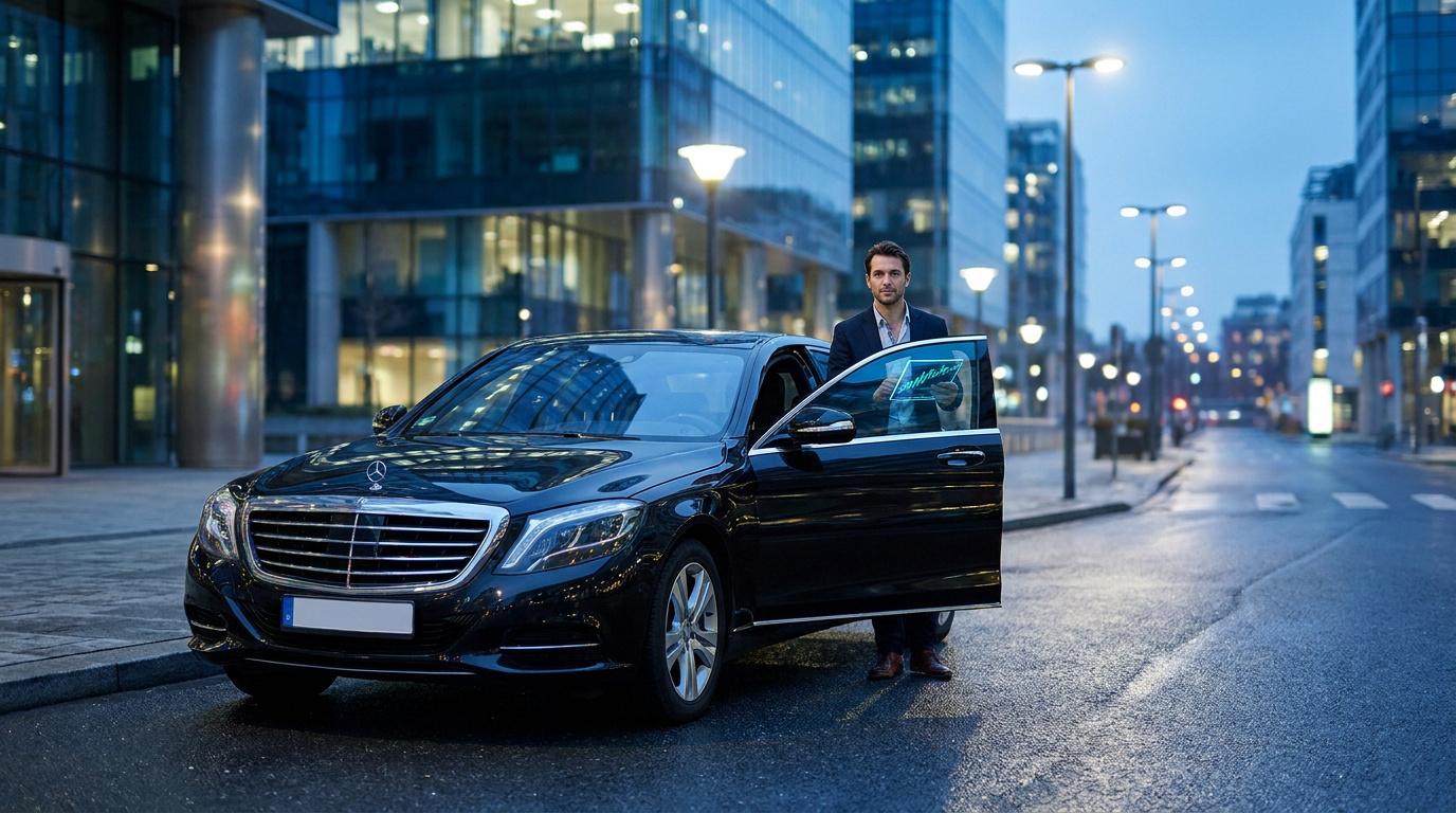 Chauffeur VTC élégant devant une berline noire de luxe en ville au crépuscule.