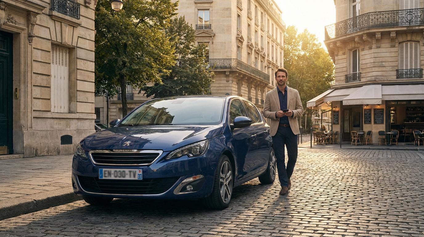 Un homme élégant marche à côté d'une voiture bleue garée dans une rue pavée typique de Paris.