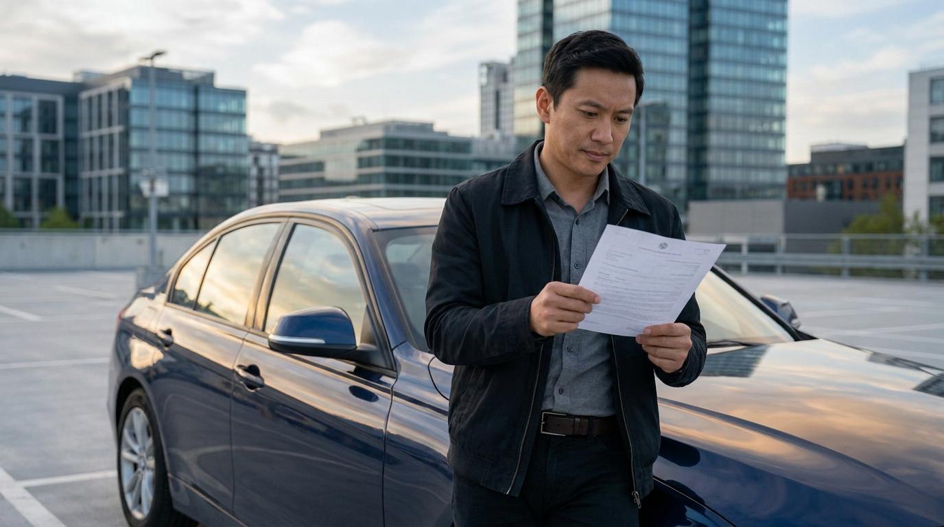 Un homme d'affaires asiatique examine un document administratif devant sa voiture sur un parking en ville.