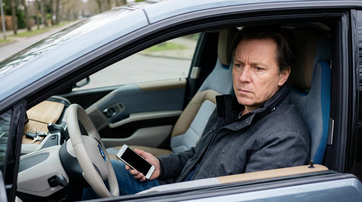 Un homme au volant d'une voiture, l'air préoccupé, tenant un smartphone dans sa main.