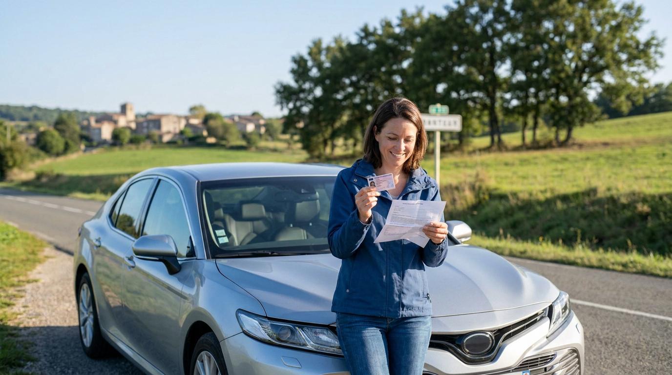 Une femme souriante tenant un permis de conduire et un document devant une voiture sur une route de campagne.