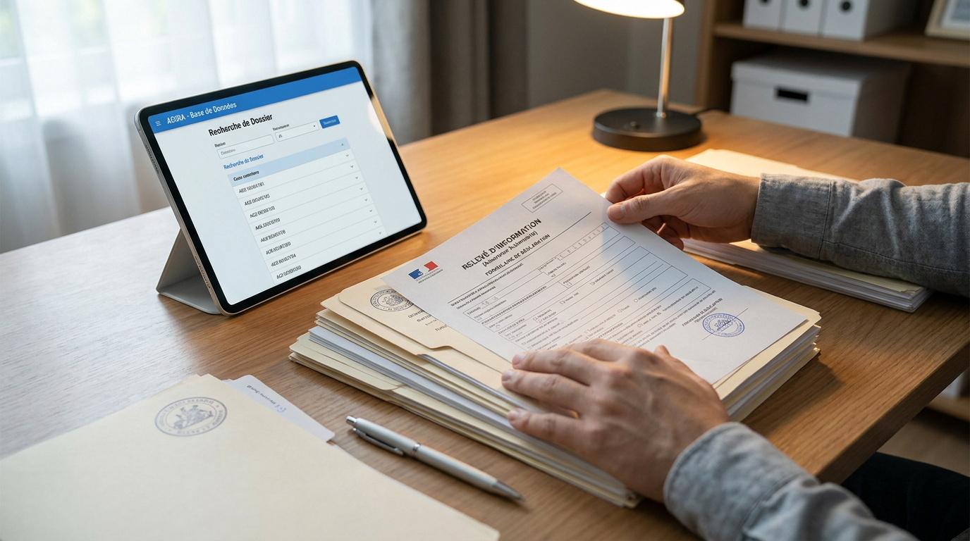 Une personne consulte un relevé d'information d'assurance sur son bureau à côté d'une tablette.